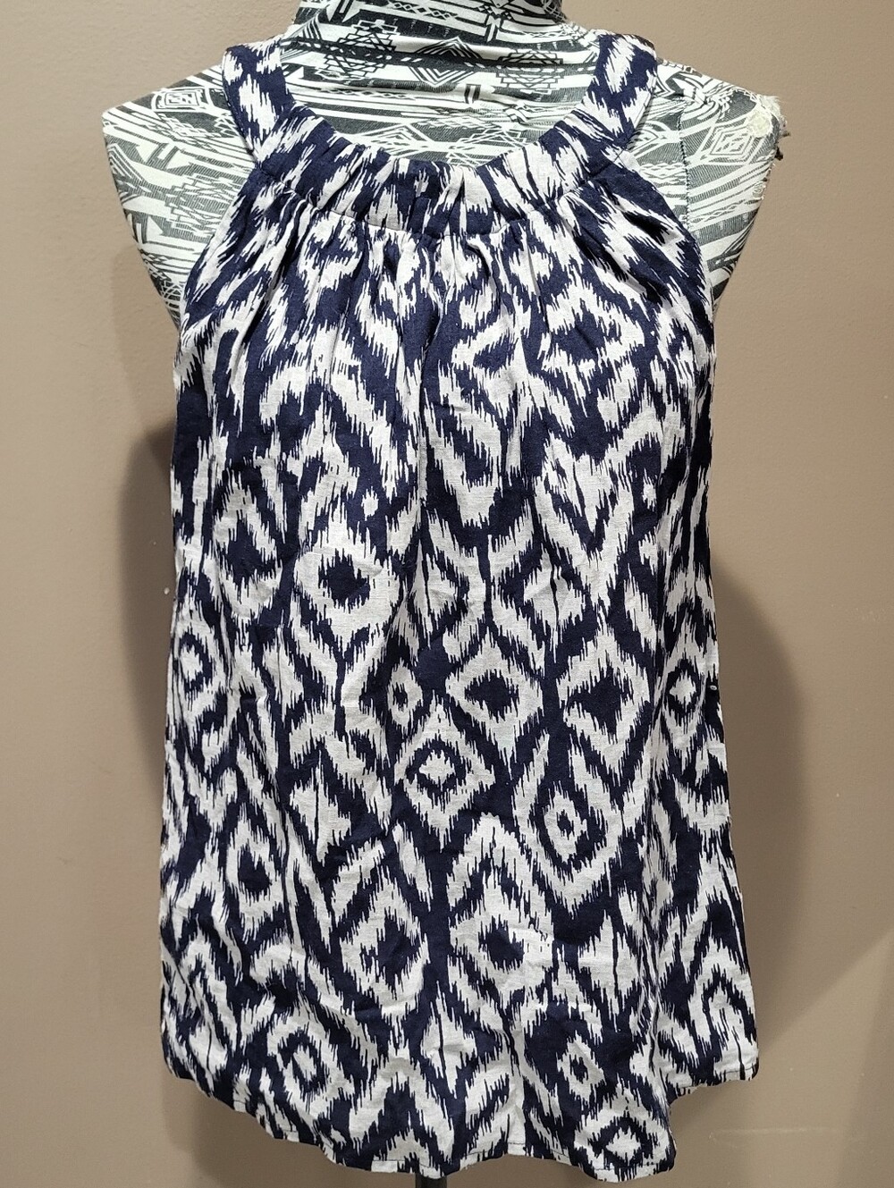 Marisa Christina Linen Blend Navy & White Ikat Halter Tank